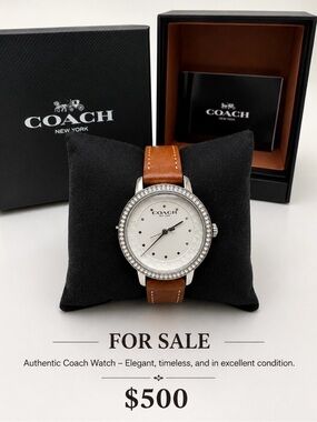 Coach Silver-Tone Crystal Bezel Watch with Brown Leather Strap